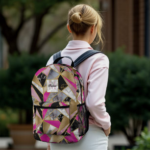 Elegant abstract pink black geometric printed backpack