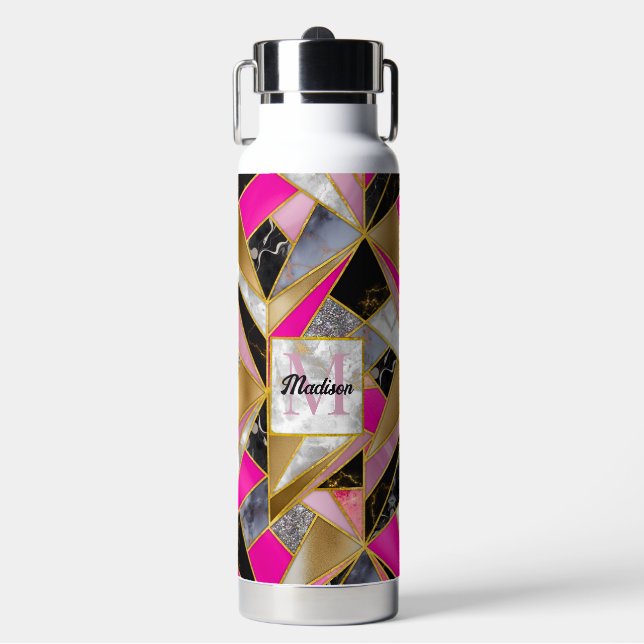 Elegant abstract pink black geometric water bottle (Front)