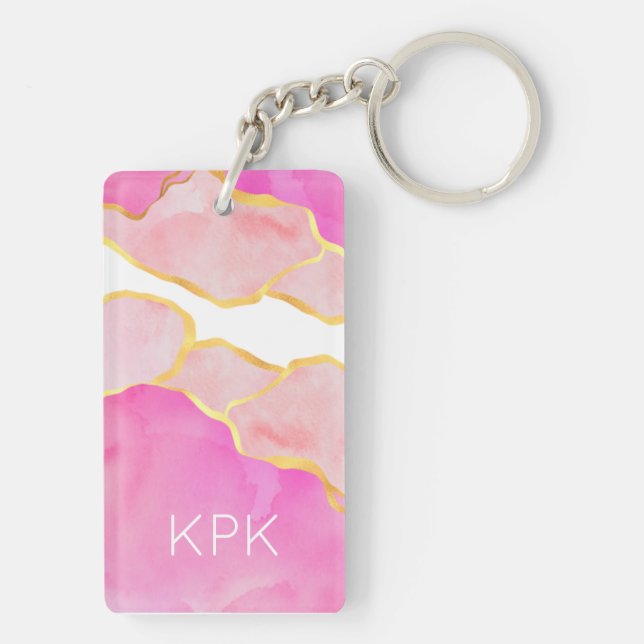 Elegant Abstract Pink Gold White Modern INITIALS Key Ring (Back)