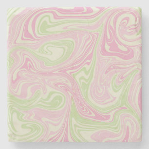 Elegant Abstract Pink Green Marble Retro Wavy Stone Coaster