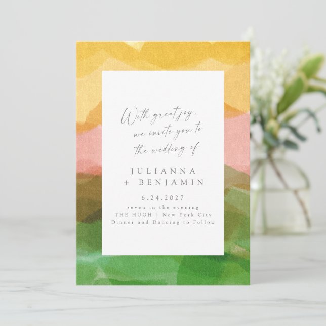 Elegant Abstract Pink Green Watercolor Wedding Invitation (Standing Front)