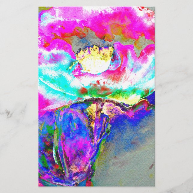 Elegant abstract pink teal floral painting stationery (Front)