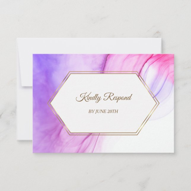 Elegant Abstract Pink Violet Gold Frame Menu RSVP (Front)