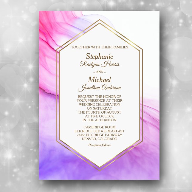 Elegant Abstract Pink Violet Gold Frame Wedding Invitation (Creator Uploaded)