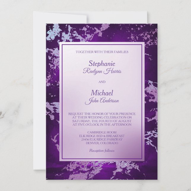 Elegant Abstract Purple Molten Silver Wedding Invitation (Front)