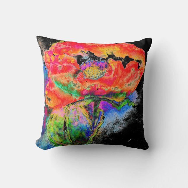 Elegant abstract red floral watercolor black cushion (Front)