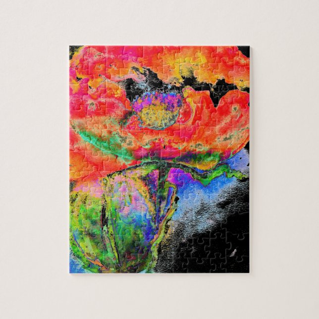 Elegant abstract red floral watercolor black jigsaw puzzle (Vertical)