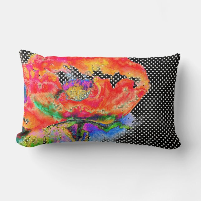 Elegant abstract red floral watercolor black lumbar cushion (Front)