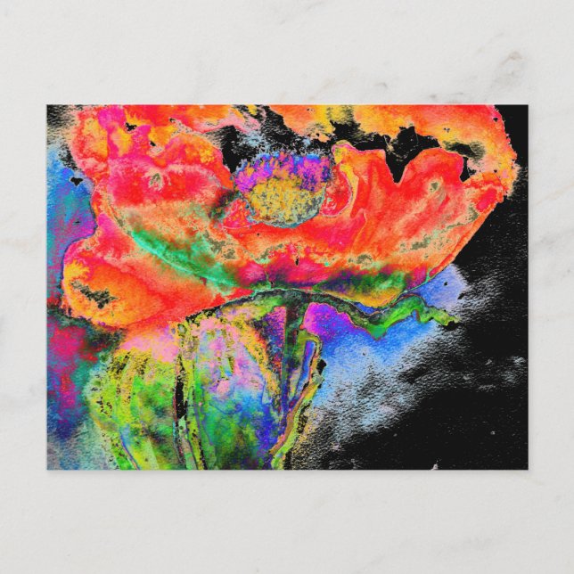 Elegant abstract red floral watercolor black postcard (Front)