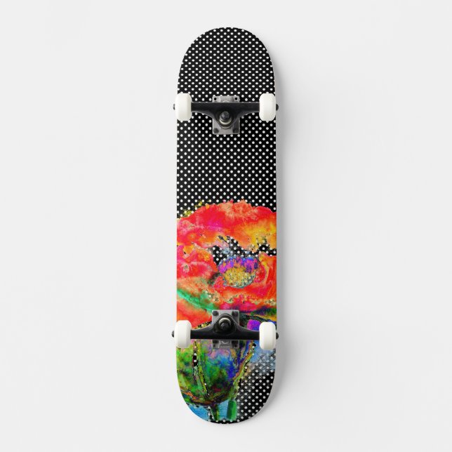 Elegant abstract red floral watercolor black skateboard (Front)