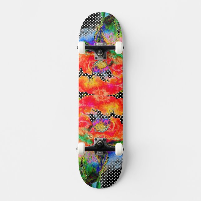 Elegant abstract red floral watercolor black skateboard (Front)