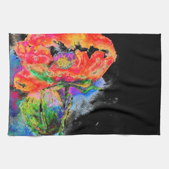 Elegant abstract red floral watercolor black tea towel (Horizontal)