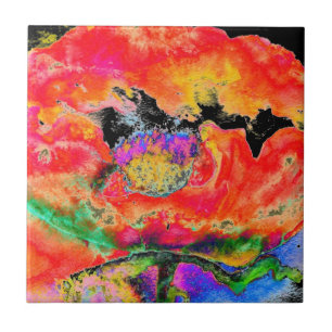 Elegant abstract red floral watercolor black tile