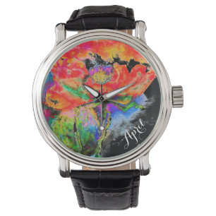 Elegant abstract red floral watercolor black watch