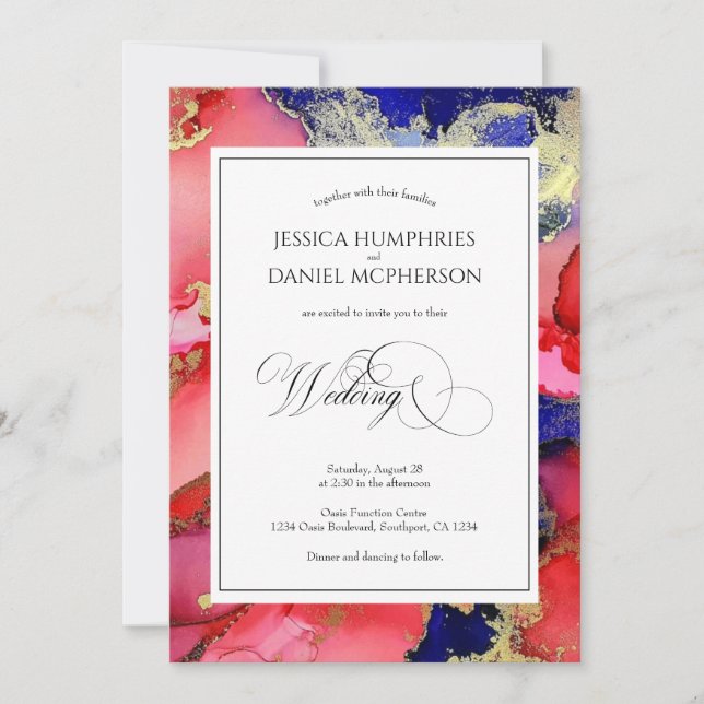 Elegant Abstract Red Gold Purple Wedding Invitation (Front)