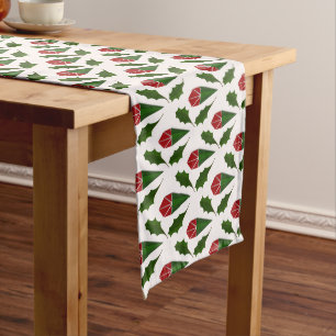 Elegant Abstract Red Roses and Holly Pattern Long Table Runner
