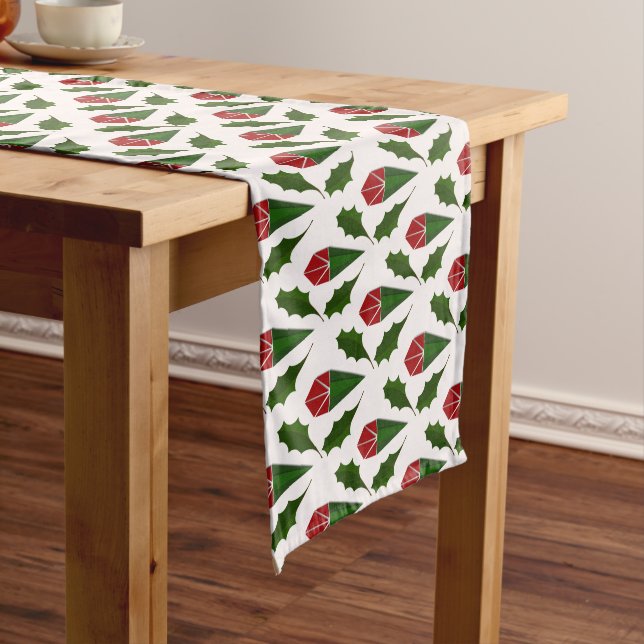 Elegant Abstract Red Roses and Holly Pattern Long Table Runner (In Situ)