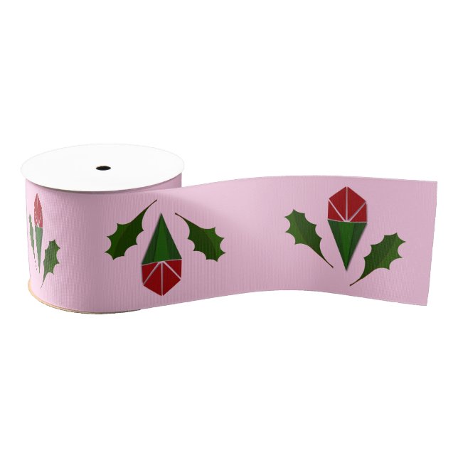 Elegant Abstract Red Roses & Holly Holiday Pink   Grosgrain Ribbon (Spool)