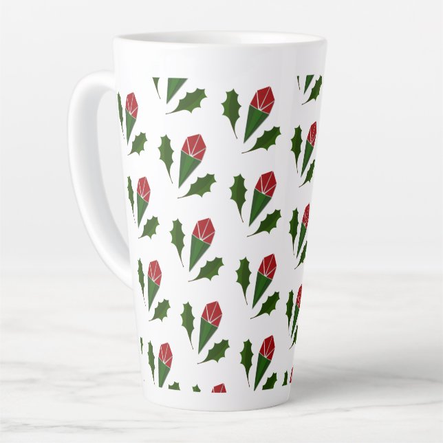 Elegant Abstract Red Roses & Leaves Floral Pattern Latte Mug (Left Angle)