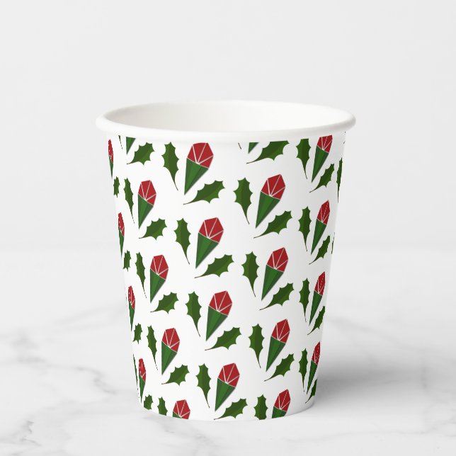 Elegant Abstract Red Roses & Leaves Floral Pattern Paper Cups (Front)