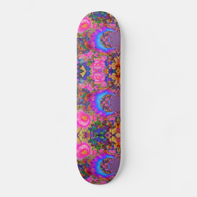 Elegant abstract retro pink flowers sunflowers skateboard (Front)