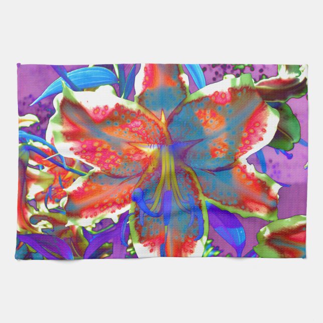 Elegant abstract retro red blue flower tea towel (Horizontal)