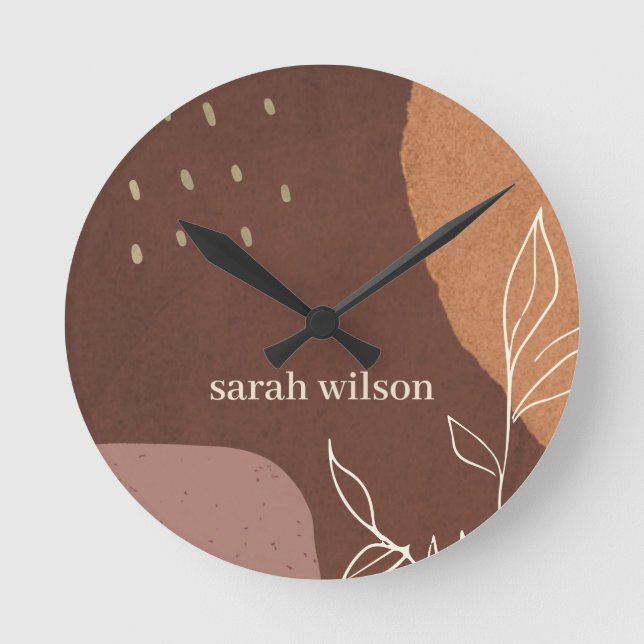 Elegant Abstract Rust Brown Orange Leafy Foliage Round Clock (Front)