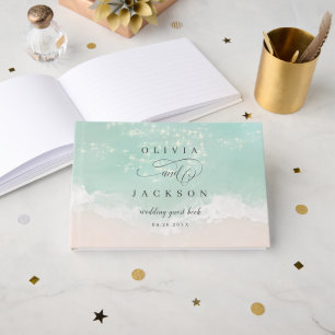 Elegant abstract sparkling ocean beach wedding guest book