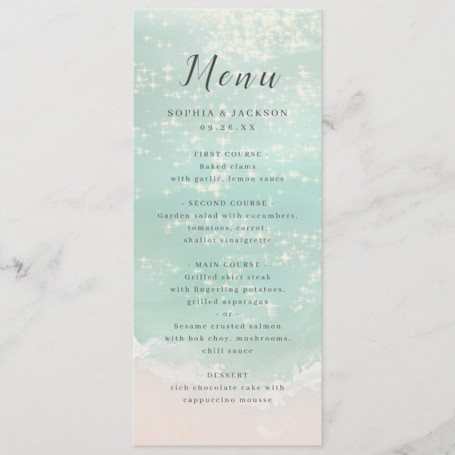 Elegant abstract sparkling ocean beach wedding menu (Front)