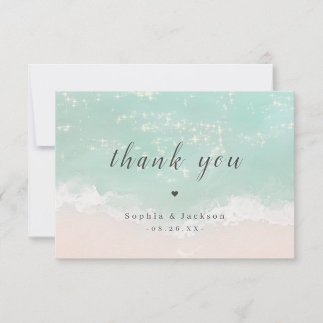 Elegant abstract sparkling ocean beach wedding thank you card (Front)