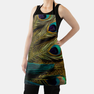 Elegant Abstract Teal Blue Gold Peacock Feathers   Apron