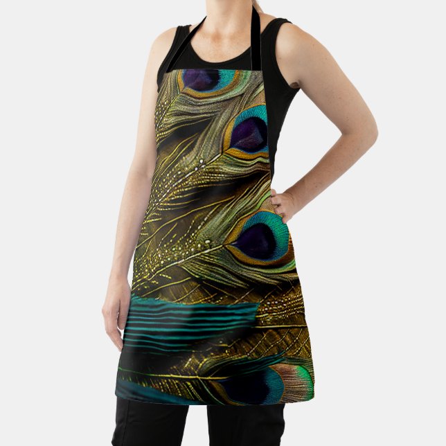 Elegant Abstract Teal Blue Gold Peacock Feathers | Apron (Insitu)