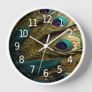 Elegant Abstract Teal Blue Gold Peacock Feathers   Clock