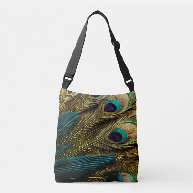 Elegant Abstract Teal Blue Gold Peacock Feathers | Crossbody Bag (Front)