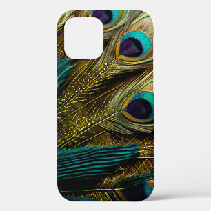 Elegant Abstract Teal Blue Gold Peacock Feathers iPhone 12 Pro Case