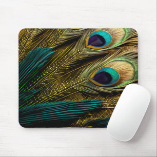 Elegant Abstract Teal blue Gold Peacock Feathers Mouse Mat