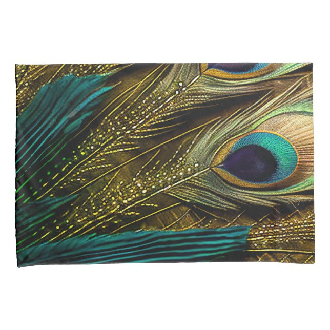 Elegant Abstract Teal Blue Gold Peacock Feathers | Pillowcase (Front-Right)