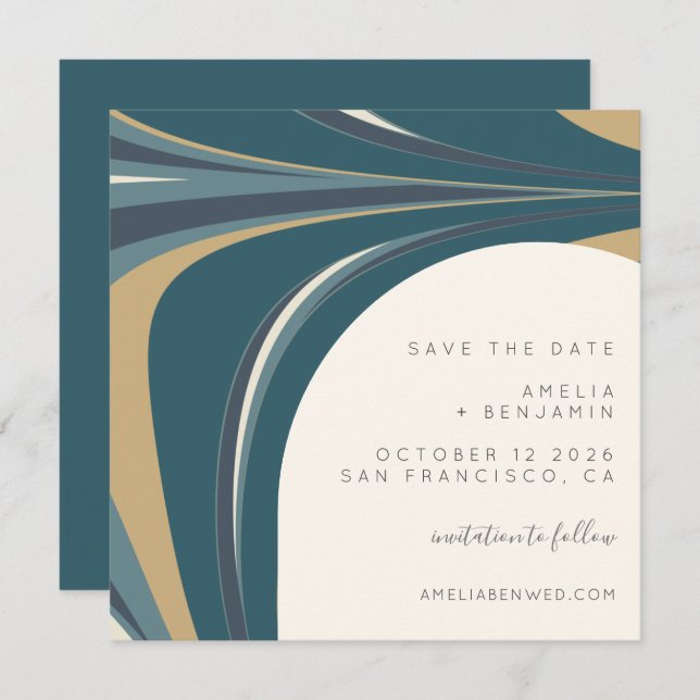 Elegant Abstract Teal Emerald Gold Modern Square Save The Date (Front/Back)