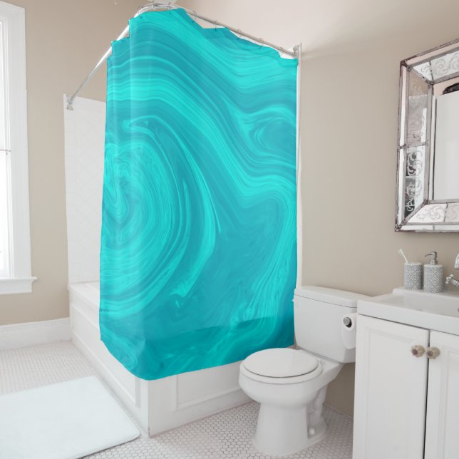 Elegant Abstract Teal Liquid Marble Artwork | Shower Curtain (In Situ)