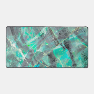 Elegant Abstract Turquoise Marble Opal Monogrammed Desk Mat
