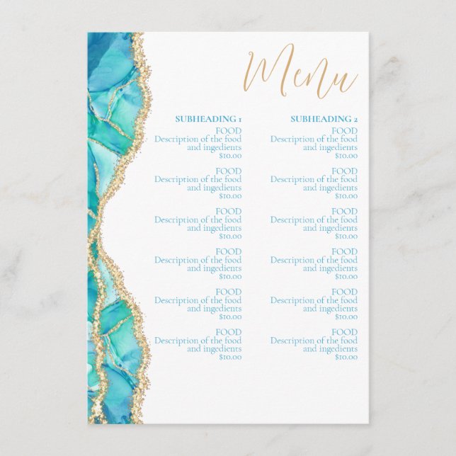 Elegant Abstract Watercolor Blue Gold Restaurant Menu (Front)