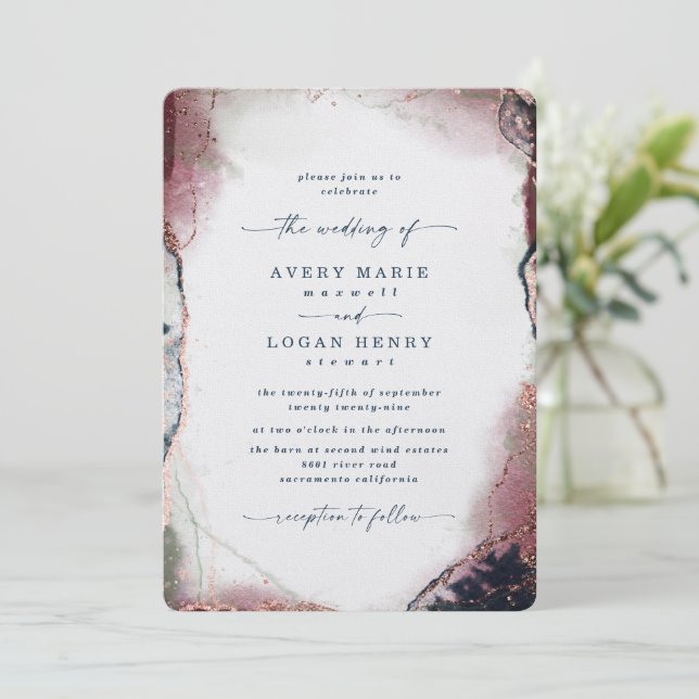 Elegant Abstract Watercolor Burgundy Navy Wedding Invitation (Standing Front)