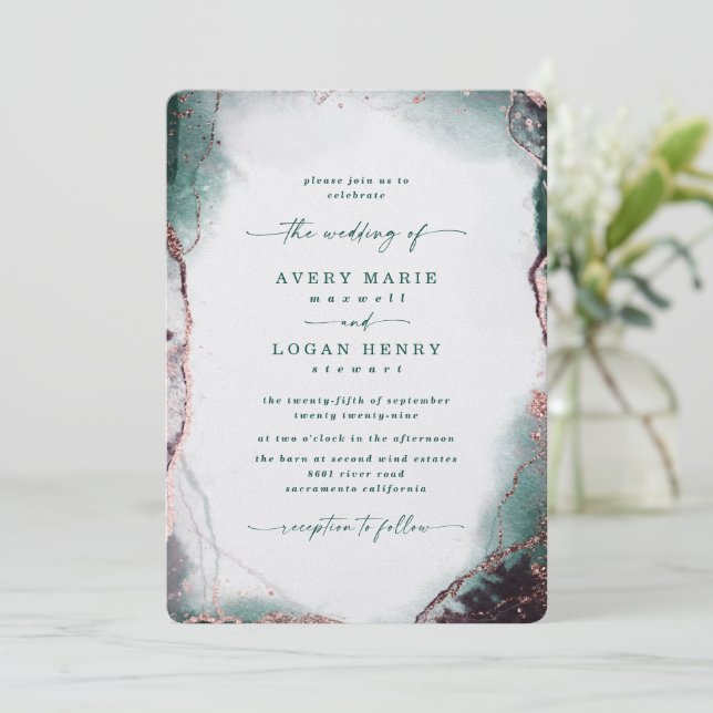 Elegant Abstract Watercolor Emerald Green Wedding Invitation (Standing Front)