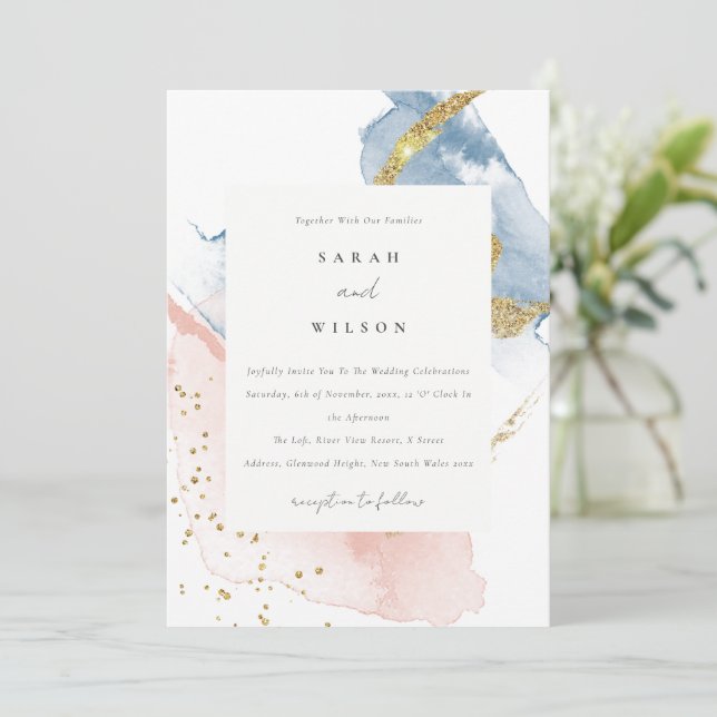 Elegant Abstract Watercolor Gold Pink Blue Wedding Invitation (Standing Front)