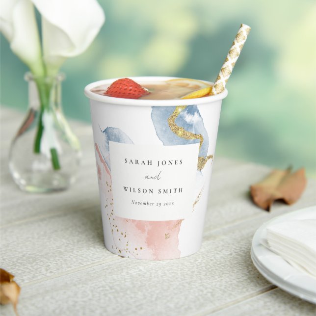 Elegant Abstract Watercolor Gold Pink Blue Wedding Paper Cups (Insitu)