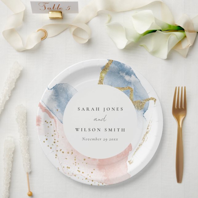Elegant Abstract Watercolor Gold Pink Blue Wedding Paper Plate (Wedding)