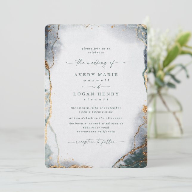Elegant Abstract Watercolor Green & Gold Wedding Invitation (Standing Front)