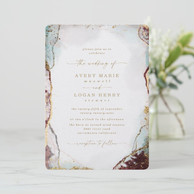 Elegant Abstract Watercolor Red & Gold Wedding Invitation (Standing Front)