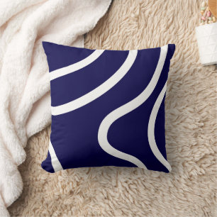 Elegant Abstract White Lines on Dark Blue Cushion