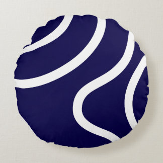 Elegant Abstract White Lines on Dark Blue Round Cushion